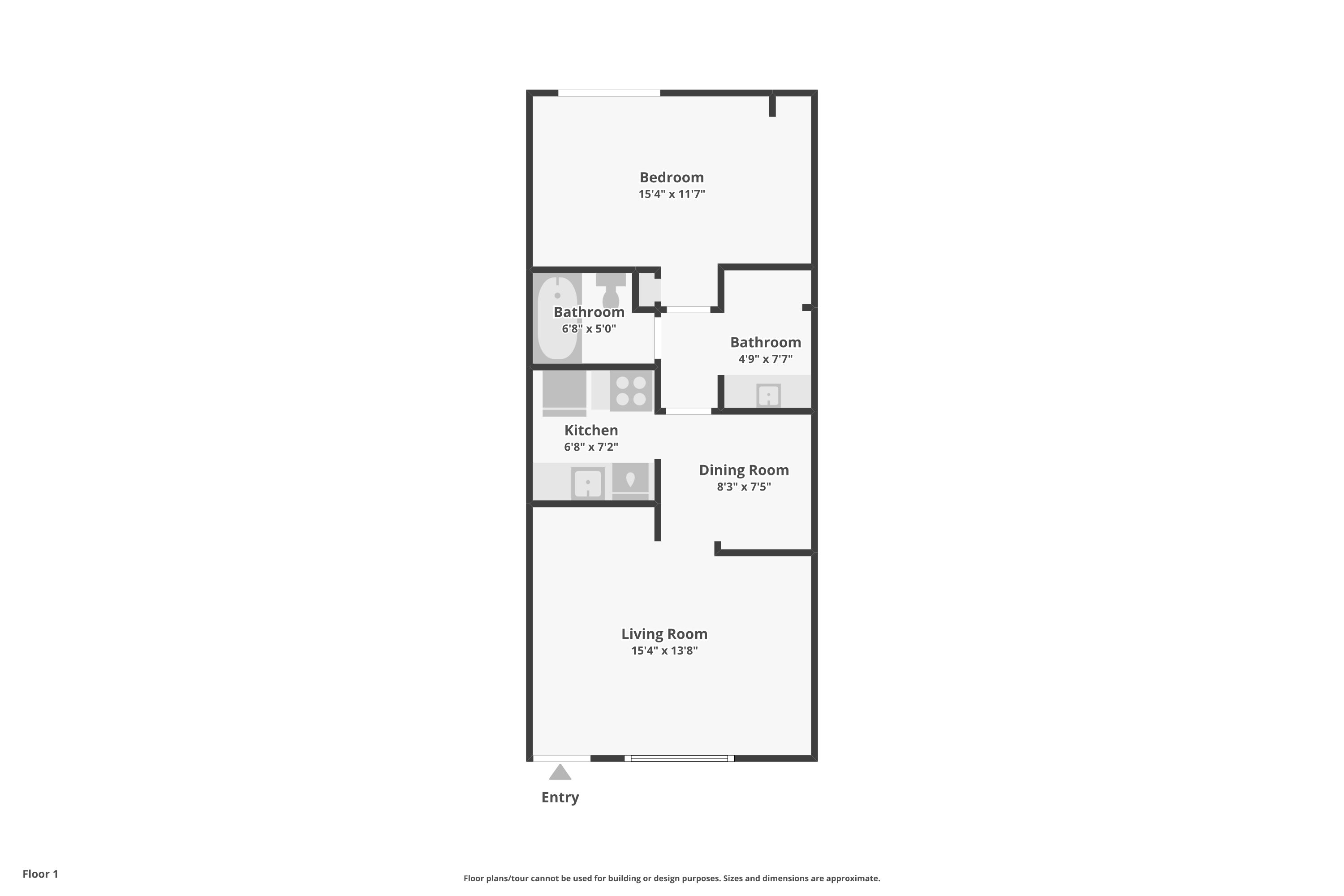 Floor plan for 1 bed, 1 bath, 600 sqft